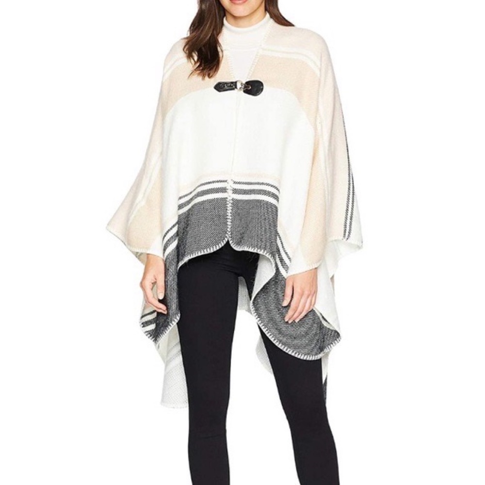 Vince Camuto Buckle Front Sweater Poncho in White